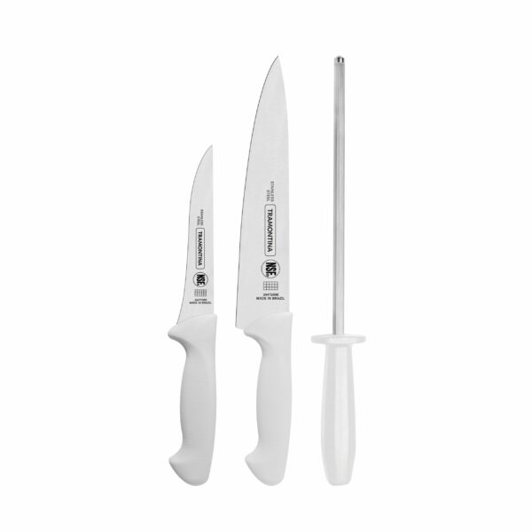 Tramontina Premium 3 Pieces Knife and Sharpener Set with Stainless Steel Blade and White Polypropylene Handle