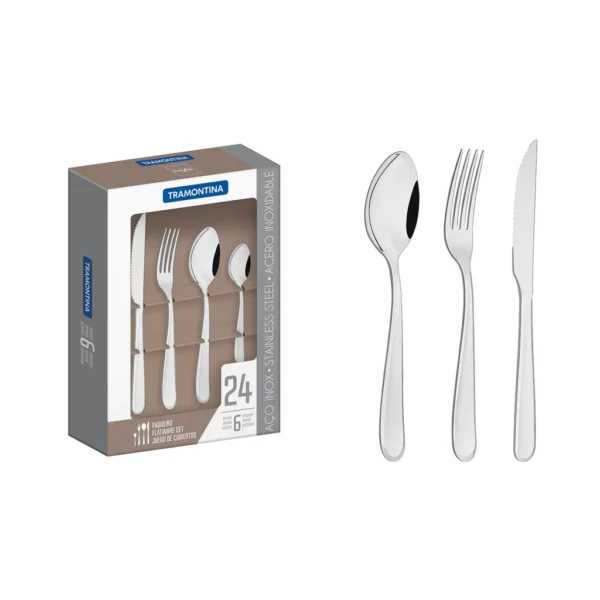 Tramontina Angra 24-Pieces Stainless Steel Flatware Set with Steak Knife and Mirror Finish and Detailing on the Handles