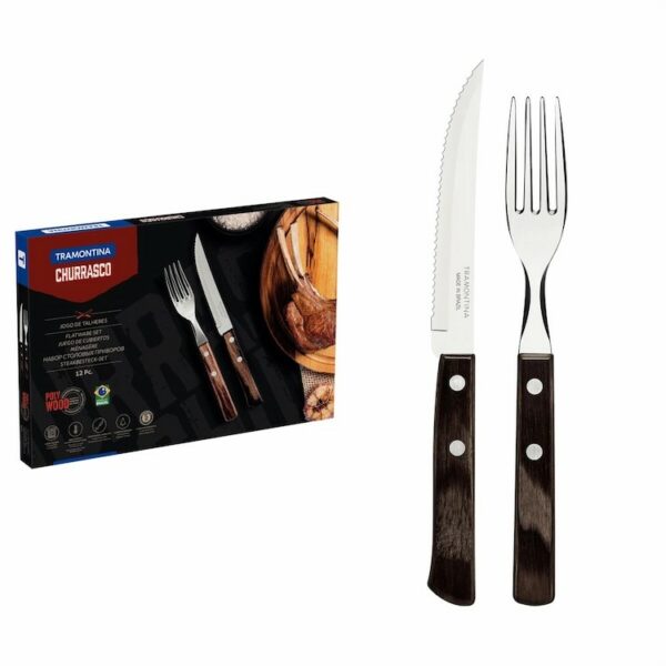 Tramontina 12 Pieces Stainless Steel Flatware Set with Brown Treated Polywood Handles