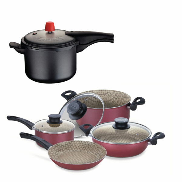 8 pcs Cookware Set, with a4,5 liters Pressure Cooker and both Non Stick