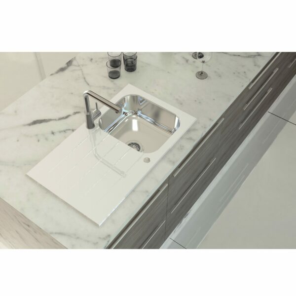 Tramontina Vitra 86x50cm Stainless Steel and White Tempered Glass Inset Sink with Drainer, Tray, and Valve