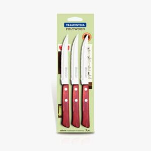 Tramontina Polywood 3 Pieces Steak Knife Set with Stainless Steel Blade and Red Dishwasher Safe Treated Handle