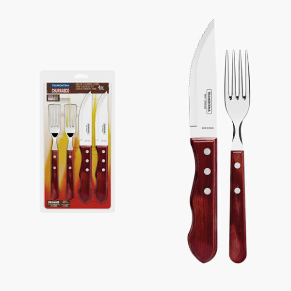 Tramontina Churrasco 4 Pieces Stainless Steel Jumbo Barbecue Flatware Set with Treated Red Polywood Handles
