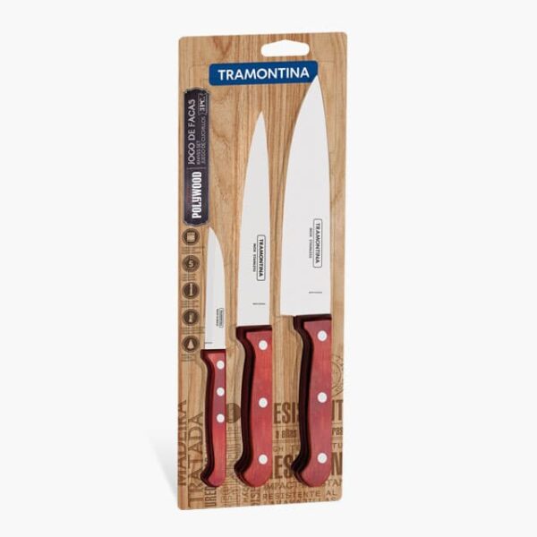 Tramontina Polywood 3 Pieces Knife Set with Stainless Steel Blade and Red Dishwasher Safe Treated Handle