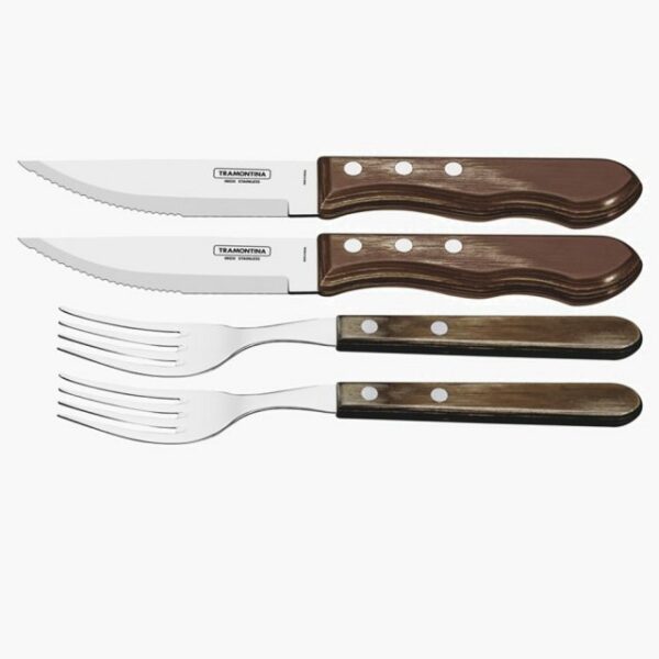 Tramontina Churrasco 4 Pieces Stainless Steel Jumbo Barbecue Flatware Set with Treated Brown Polywood Handles