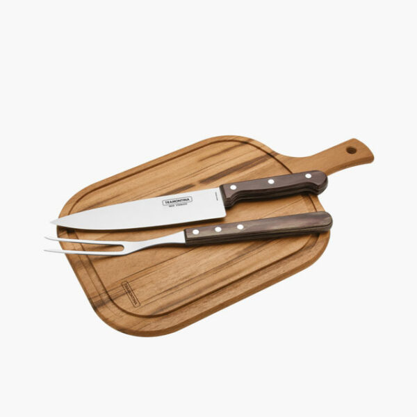 Tramontina Churrasco 3-Pieces Barbecue Carving Set with Stainless Steel Blades and Treated Brown Polywood Handles and Wood Cutting Board