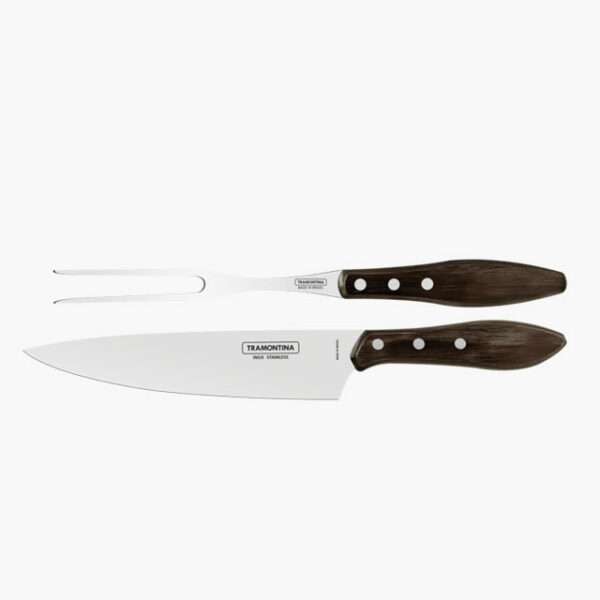 Tramontina stainless steel carving set with brown Polywood handles, 2pc set