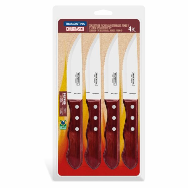 Tramontina Jumbo 4 Pieces Steak Kinife Set with Stainless Steel Blades and Red Treated Polywood Handles