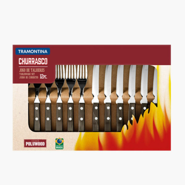 Tramontina Churrasco 12-Piece Stainless Steel Flatware Set with Brown Treated Polywood Handles