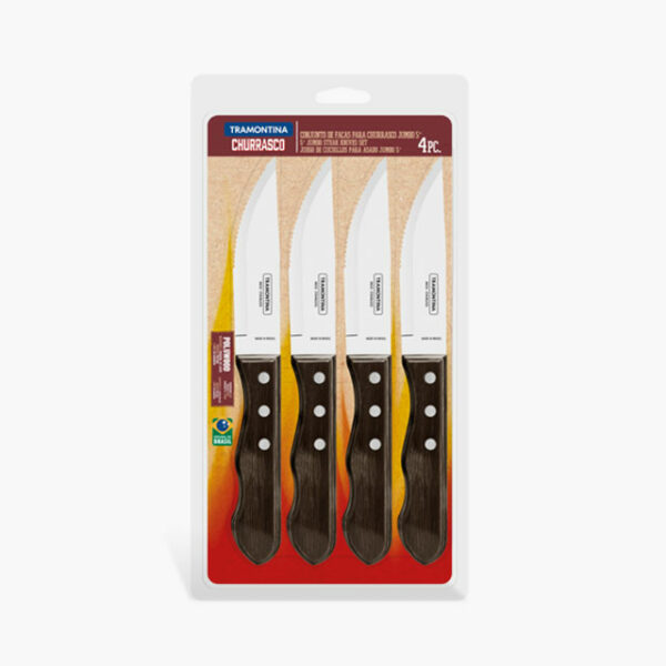 Tramontina Churrasco 4-Piece Jumbo Steak Knife Set with Stainless Steel Blades and Brown Treated Polywood Handles