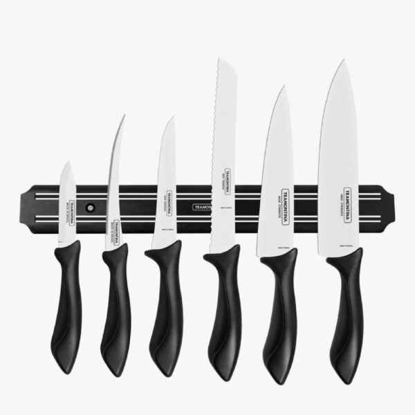 Tramontina Affilata 7 Pieces Magnetic Rack and Knife Set with Stainless Steel Blade and Black Polypropylene Handle