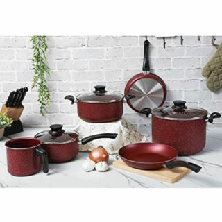 Red 9 Pcs Cookware Set Non Stick with 26 cm Deep Stock Pot Included!