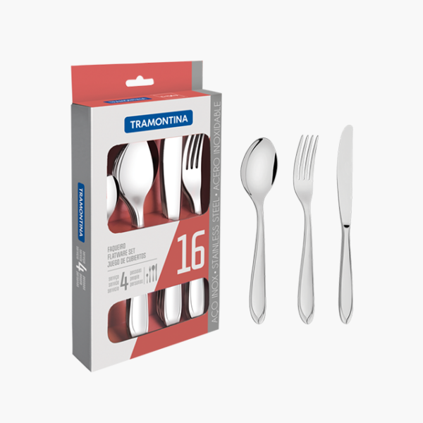 Tramontina Laguna 16 Pieces Stainless Steel Flatware Set with Table Knife and High Gloss Finish and Detailing on the Handles
