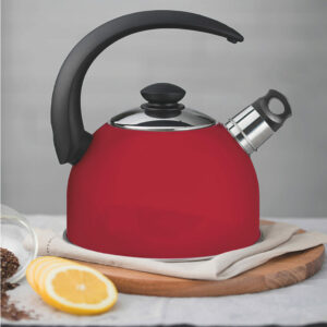 Tramontina red stainless steel whistling kettle with black handle, 2.1 L