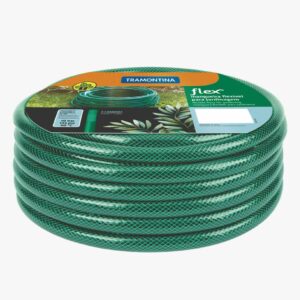 Tramontina 25m Flex Garden Hose in Green with 3-Layers PVC Fiber and Braided Polyester Cord with Thread Connectors and Sprayer