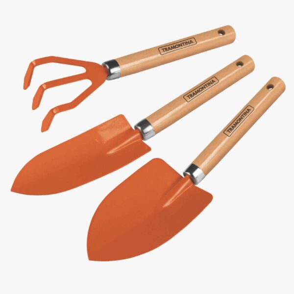 Tramontina 3 Pieces Garden Tool Set with Special Carbon Steel and Wood Handle includes Garden Trowel + Transplanting Trowel + Cultivator