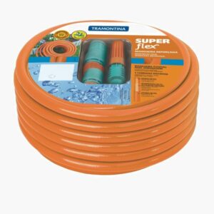Tramontina 25m 1/2-inch Diameter Flex Garden Hose in Orange with 3-Layers PVC Fiber and Braided Polyester Cord with Quick Connectors and Sprayer