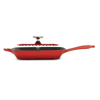 11 in Enameled Cast-Iron Series 1000 Grill Pan with Press - Gradated Red
