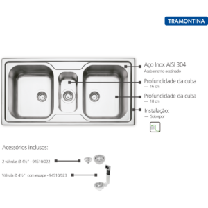 Tramontina Marea 100x50cm Stainless Steel Satin Finish Double Inset Sink with Extra Half-bowl,  Valve and Drainer