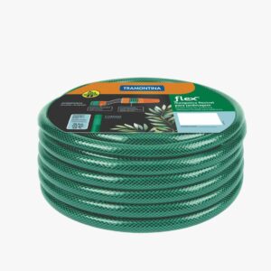 Tramontina 15m Flex Garden Hose in Green with 3-Layers PVC Fiber and Braided Polyester Cord with Thread Connectors and Sprayer