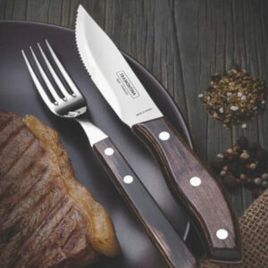 Tramontina Churrasco 4 Pieces Stainless Steel Jumbo Barbecue Flatware Set with Brown Polywood Handles and Wood Case
