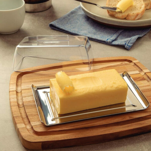 Tramontina rectangular stainless steel butter dish with clear dome cover