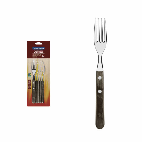 Tramontina Churrasco 6 Pieces Stainless Steel Steak Fork Set with Treated Brown Polywood Handles