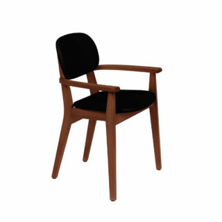London chair with arms, in almond-colored Tauari wood with black upholstery