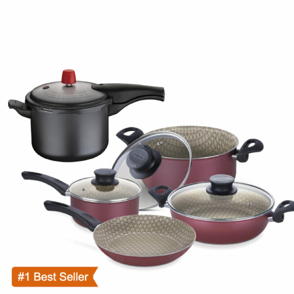 8 item ! Red 7 pcs Cookware Set + Pressure Cooker 4,5