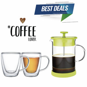 Tramontina 2 Pieces Double-walled Glass Coffee and Tea Cup Set with Handles + Coffee Plunger with Green Silicon Lid