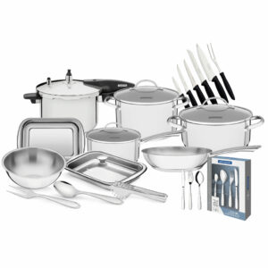 (37 Pcs Stainless Seel Offer )-7 pcs Cookware Set -7 pcs Stainless Steel Serving Set-16 Pcs Flatware Set -Pressure Cooker -6 Pcs set