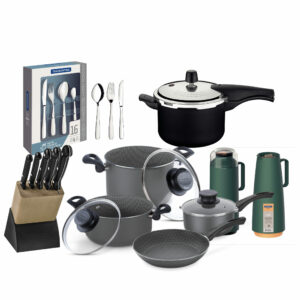 32 item!! Pressure Cooker 4,5L-2Pcs Thermal Pot -7Pcs Cookware set Paris-16 Pcs Flatware Set -6 Pcs Knives Set