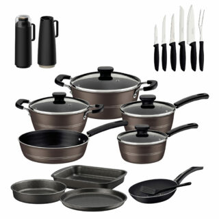 22 item !!28 Cm Frying Pan -6 Pcs set Plenus stainless steel knife set -9 pcs Red Cookware Set-2Pcs -Thermal Pot -3 Pcs Roasting pan set
