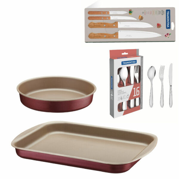 16 Pcs flatware  - 4 Pcs knives -2 Pcs bakeware set red