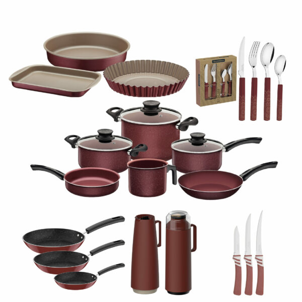 36 item !!3 Pcs Knives Amalfi-2PcsThermal Pot -3Pcs SetRoasting Pan-9Pcs Cookware Set -16Pcs Flatware set -3 Pcs Frying Pan Set