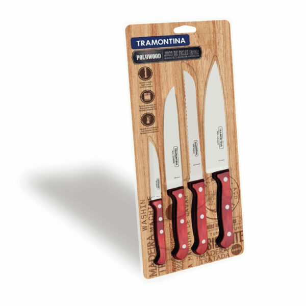 Tramontina Polywood 4 Pieces Knife Set with Stainless Steel Blade and Red Treated Wood Handle