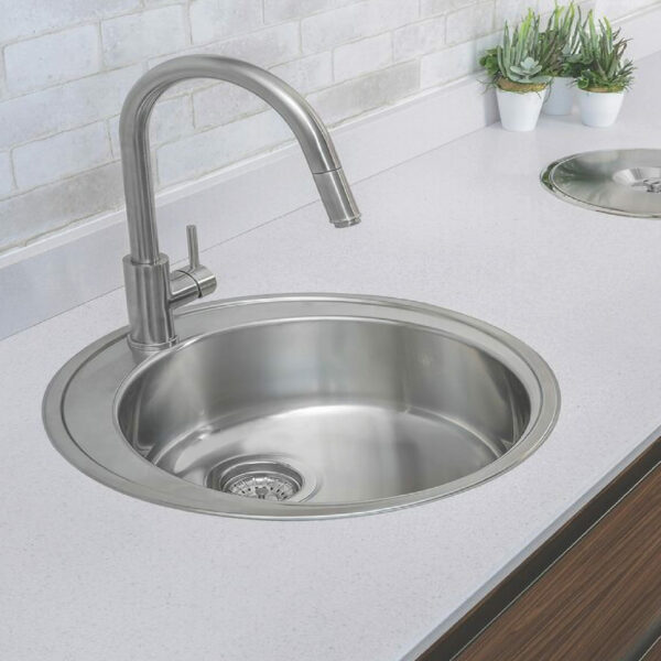 Tramontina 48 cm stainless steel round inset sink with satin finish and valve
