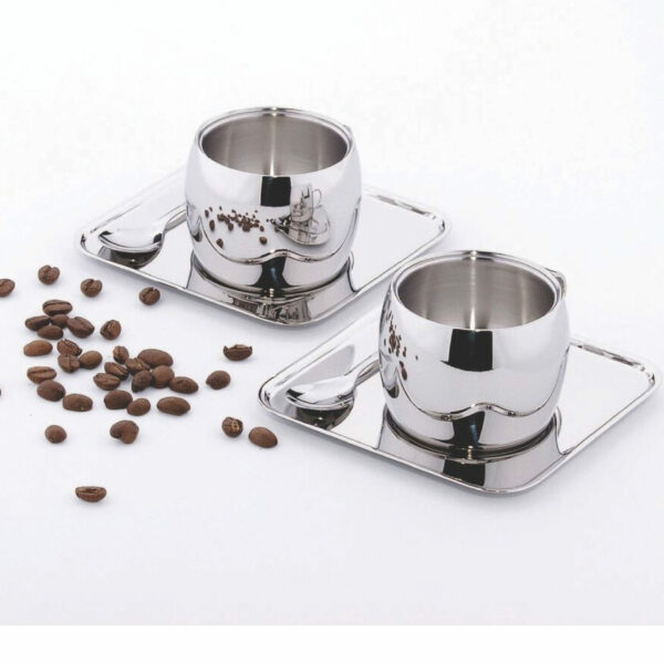 Tramontina shiny stainless steel coffee set with cup, square saucer and spoon, 6 pc set