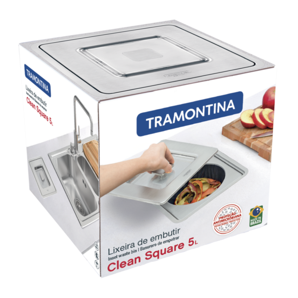 Tramontina Clean Square stainless steel inset trash bin with 5L plastic bucket