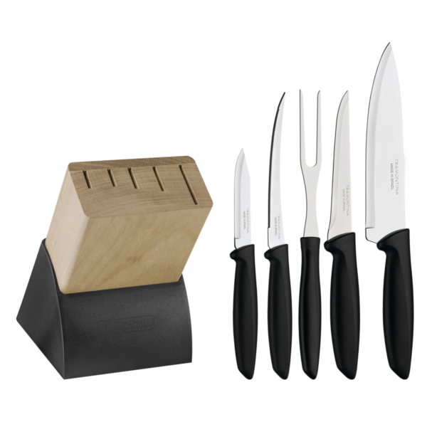 Tramontina Plenus 6-Piece Knife Set with Stainless Steel Blades, Black Polypropylene Handles and Wood Block