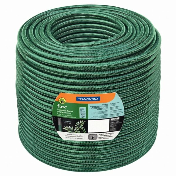 Tramontina 50m 3/4-inch Diameter Flex Garden Hose in Green with 3-Layers PVC Fiber and Braided Polyester Cord