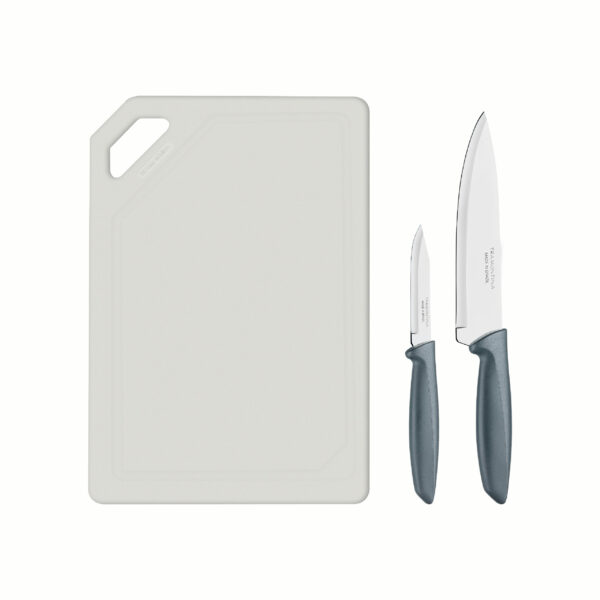 Tramontina Plenus 3-Pieces Meat and Vegetable Set with Stainless Steel Blades and Gray Polypropylene Handles and Cutting Board