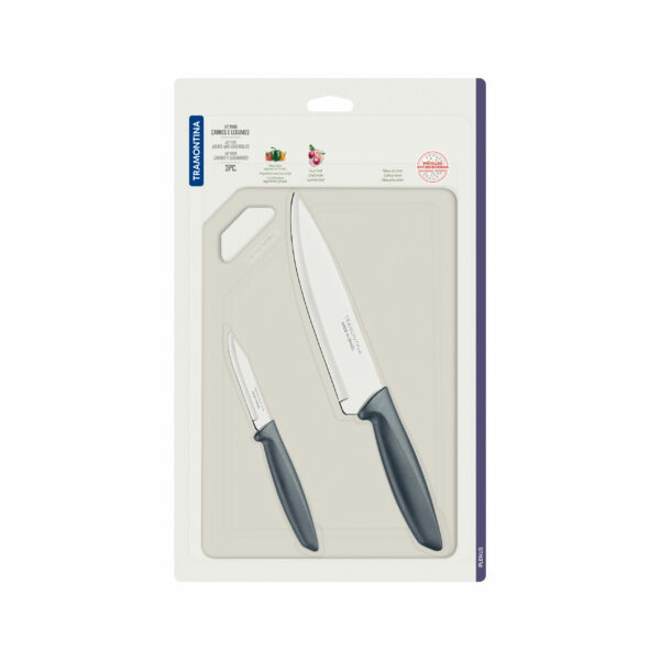 Tramontina Plenus 3-Pieces Meat and Vegetable Set with Stainless Steel Blades and Gray Polypropylene Handles and Cutting Board