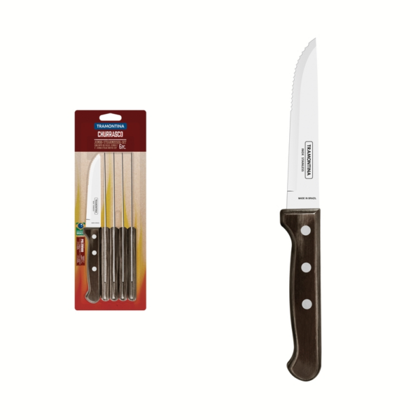 Tramontina Jumbo 6 Pieces Steak Knife Set with Stainless Steel Blade and Brown Dishwasher Safe Polywood Handle
