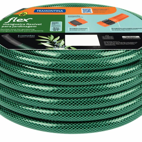 Tramontina 20m Flex Garden Hose in Green with 3-Layers PVC Fiber and Braided Polyester Cord with Thread Connectors and Sprayer
